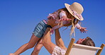Father, girl and sky with lifting for happiness with fun, break and holiday for bonding in Mauritius. People, family and smile or excited outdoor for summer vacation, adventure and relax with fun