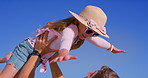 Sea, dad and family with child in air, beach chair and fun with father outdoor in sun. Happy, vacation and travel with love, support and care with playing airplane game by ocean on holiday in Miami