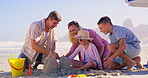 Family, toys and building a sandcastle at beach, love and laughing together for humor in nature. Parents, children and playing games with sand on vacation, outdoor and funny conversation at sea