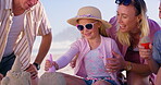 Family, love and building a sandcastle on beach, ice cream and laugh together for humor in nature. Parents, children and playing games with sand on vacation, outdoor and funny conversation with toys