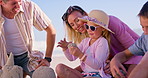 Family, travel and building a sandcastle on beach, love and laugh together for humor in nature. Parents, kids and playing games with sand on vacation, dirt ice cream and funny conversation with toys
