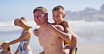 Water, talking and family in vacation, outdoor and children with parents, happy and journey for bonding. Beach, people and kids in holiday, mom and dad with youth, travel and adventure in weekend