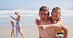 Water, pointing and family in vacation, walking and children with parents, happy and journey for bonding. Beach, people and kids in holiday, mom and dad with youth, travel and adventure in weekend