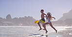 Siblings, kids and happy at beach with running for fun, bonding and support in Bali. People, children and smile or excited with playing ocean on summer holiday, adventure and break to relax and love