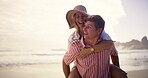 Laughing, piggyback and walking with couple on beach together for honeymoon holiday, travel or vacation. Anniversary, love or romance with happy man and woman in nature for adventure or bonding