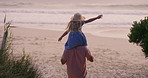Piggyback, man and kid on beach for travel, adventure and flying fantasy on family vacation. Back, father and daughter at ocean for airplane game, freedom and happy memories on California holiday