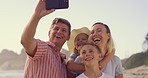 Kids, parents and happy family in selfie at sea for holiday, vacation and travel together in summer. Mom, dad and girl children siblings at beach for picture or memory in ocean with smile in Greece