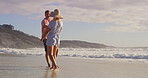 Happy, couple and beach with dance, laugh and walking with love, holiday and outdoor date. Support, vacation fun and people together with ocean, sea and summer travel in Bali for anniversary