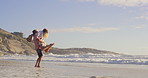 Happy, couple and beach with spinning, holiday and tropical island with love, care and outdoor date. Mockup, vacation and people together with ocean, sea and summer travel in Bali for anniversary
