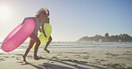 Running, inflatable and energy with children at beach for travel destination, family vacation and freedom. Holiday, playful and summer with kid siblings and swimming float for adventure and happiness