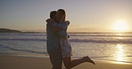 Beach, playful hug and couple dancing for romance, honeymoon and travel for fun, spin and love. Woman, man and sea for sunset date, adventure and happy bonding with joy on Miami holiday holding hands