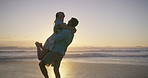 Beach, carrying and couple on holiday, hug and bonding in nature, talking and celebration for romance. Love, man and happy with woman, travel and peace of ocean, affection and getaway for lovers