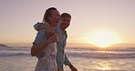 Happy, walking and couple on vacation, water and bonding on holiday, sunset and laughing with embrace. Outdoor, hug and journey for romance, funny and joke on date, woman and man with smile and trip