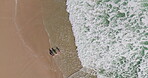 Above, parents and children walk on beach for summer vacation, tropical journey and bonding together. Family, holding hands and love with ocean water of holiday fun, calm morning and travel adventure