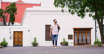 Walking, man and city with thinking, camera and backpack on holiday with urban photography and travel. Relax, street and trip to London with vacation, journey and bag of tourist to explore on weekend