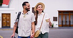 Couple, smile and walking with travel in city for sightseeing view, urban tourism and bonding together. Happy, people and holding hands for vacation, photography and coffee with adventure for getaway