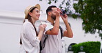 Couple, travel and camera for vacation, holiday or journey with city, street or town sightseeing. Photographer, man and woman with pictures for happy memory, social media and adventure together