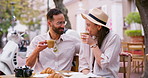 Coffee date, couple and cafe, joke and laugh for bonding at outdoor table for holiday. Man, woman and drink with relax, communication and talk with love, care and restaurant conversation for travel