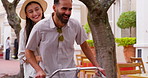 Date, bike and summer with couple, fun and together on street in town for travel. Man, woman and cycling with tourist, holiday and smile for eco friendly city sightseeing with adventure bonding