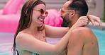 Swimming pool, laugh and happy couple talking, relax and hug outdoor for connection on vacation. Smile, man and woman in water with swimsuit for love, romantic relationship and funny joke on date