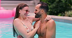 Swimming pool, funny and happy couple laughing together, relax and hug outdoor for connection on vacation. Smile, man and woman in water with swimsuit for romantic love, conversation and joke on date
