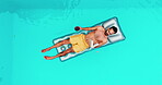 Book, inflatable and summer with man in swimming pool from above to relax on holiday or vacation. Coffee, reading and wellness with person on water with mockup space for break or leisure at resort