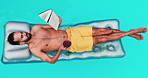 Alcohol, book and float with man in swimming pool from above to relax on holiday or vacation. Cocktail, inflatable and reading with person on water with mockup space for break or summer at resort
