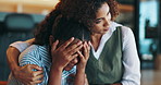 Hug, support and crying with mother and daughter for mental health, depression and bonding together. Care, empathy and trust with woman and child in living room of family home for help and compassion