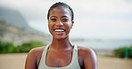 Happy, runner and face of black woman in nature for marathon race, exercise and health. Workout, wellness and cardio with person training at park for sports athlete, challenge and fitness