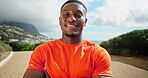 Arms crossed, runner and face of black man in nature for marathon race, exercise and health. Workout, wellness and cardio with person training at park for sports athlete, challenge and fitness