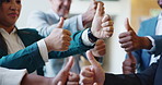 Thumbs up, team and business people in office with approval, ok or satisfaction for investment deal. Emoji, finance and group of financial managers with agreement hand gesture for profit or revenue.