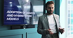 Presentation, discussion and businessman in office with team for adoption of remote and hybrid work. Planning, screen and HR speaker with seminar, convention or workshop at meeting for company growth