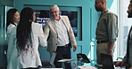 Agreement, handshake and meeting with business people in boardroom of office for collaboration. B2b, deal and regulations with employee team in workplace together for acquisition, merger or success