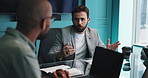 Team, planning and business men with proposal, idea and brainstorming for financial risk management. Meeting, talking and discussion with manager for investment strategy or problem solving in office