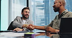 Deal, handshake and partnership with business people in boardroom of office for collaboration. Agreement, b2b and meeting with colleague men in workplace together for acquisition, merger or success