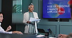Presentation, talking and business woman with document for personal finance application proposal on screen. Team, paper and manager in conference meeting for investment or funding pitch in office