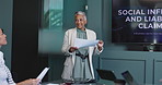 Presentation, group and business woman with document for insurance claims, social inflation and training. Team, paper and happy manager in conference meeting, coaching or policy questions in office