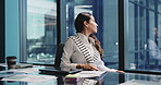 Business, thinking and woman in office, window and contemplation for stock market. Mature person, trader and financial consultant in workplace, view and decision for profit growth and problem solving