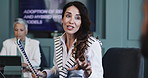 Group, paperwork and business woman with idea or proposal for hybrid or remote model. Team planning, document and manager in discussion for career flexibility, solution or work life balance in office