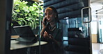 Business, phone call and tablet with black woman in office for communication, planning or research. Communication, corporate and thinking with employee in pod at workplace for mobile conversation