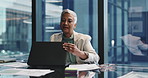 Business, finished and woman with laptop, thinking and productivity for public relations and happy. Done, entrepreneur and mature person in office, contemplating and smile for complete project