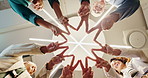 Business, people and hands with star for teamwork, motivation and cooperation below. Happy group, huddle and community of workers with collaboration, synergy and connection for mission in office