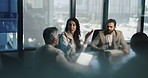 Group, meeting and business woman with proposal, idea and brainstorming for financial risk management. Team, planning and discussion with manager for investment strategy or problem solving in office