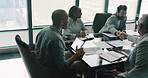 Deal, meeting and shaking hands with business people in boardroom of office for collaboration. Agreement, b2b and handshake with employee team in workplace together for acquisition, merger or success