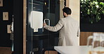Office pod, business man and open door for privacy, concentration and productivity boost. Soundproof booth, worker and cubicle with focus space to reduce noise or distraction with tablet in workspace
