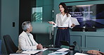 Presentation, group and business woman with paper for market competition, financial regulation and training. Team, document and speaker in office for conference meeting, workshop idea and coaching