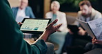 Tablet, data and presentation with business people in office for finance charts or graphs analysis. Meeting, discussion and speaker with technology for company revenue, profit or budget forecasting.