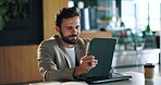 Cafe, businessman and smile with tablet for freelancer, finance research and reading for information. Coffee shop, remote work and financial advisor with tech for risk management, review and report
