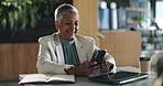 Business, typing and woman in office, cellphone and social media with online reading. Mature person, employee and consultant in workplace, smartphone and digital app for email and message to contact