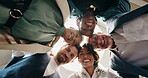 Face, huddle and smile of business people in circle from below for collaboration or solidarity. Diversity, sky and teamwork with happy employee group outdoor together for motivation or unity